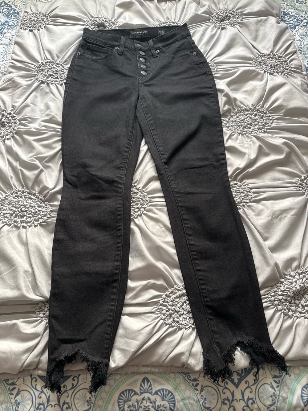Lucky Brand Black Straight-Leg Button-Fly Jeans with Frayed Hem